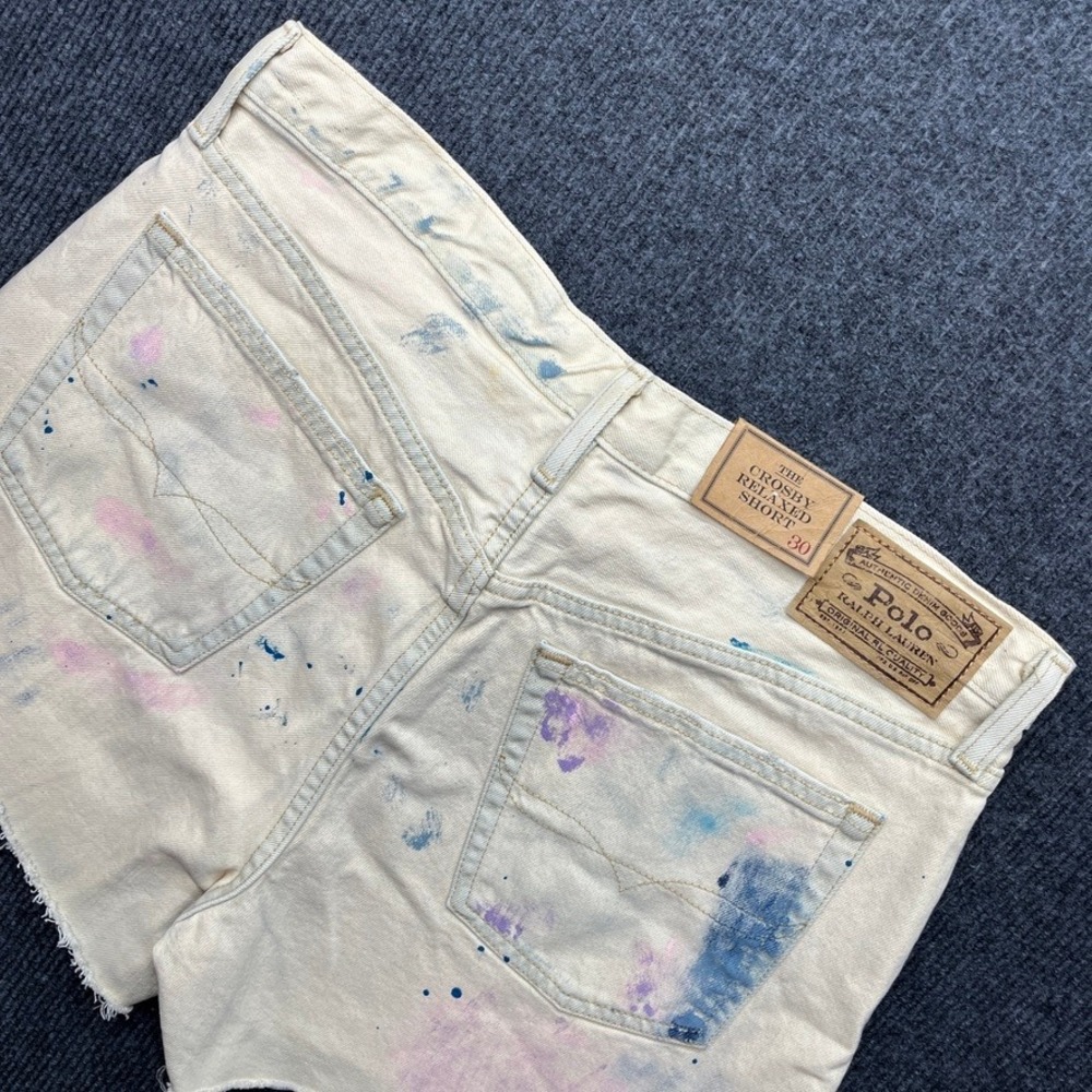 Polo Ralph Lauren Crosby Relaxed Shorts 30 Cream Paint Splatter Boho Y2K Denim